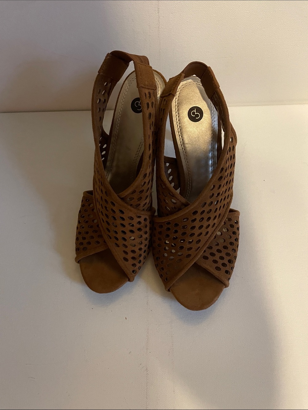 Dress Barn Tan Perforated Peep-Toe Slingback Heels